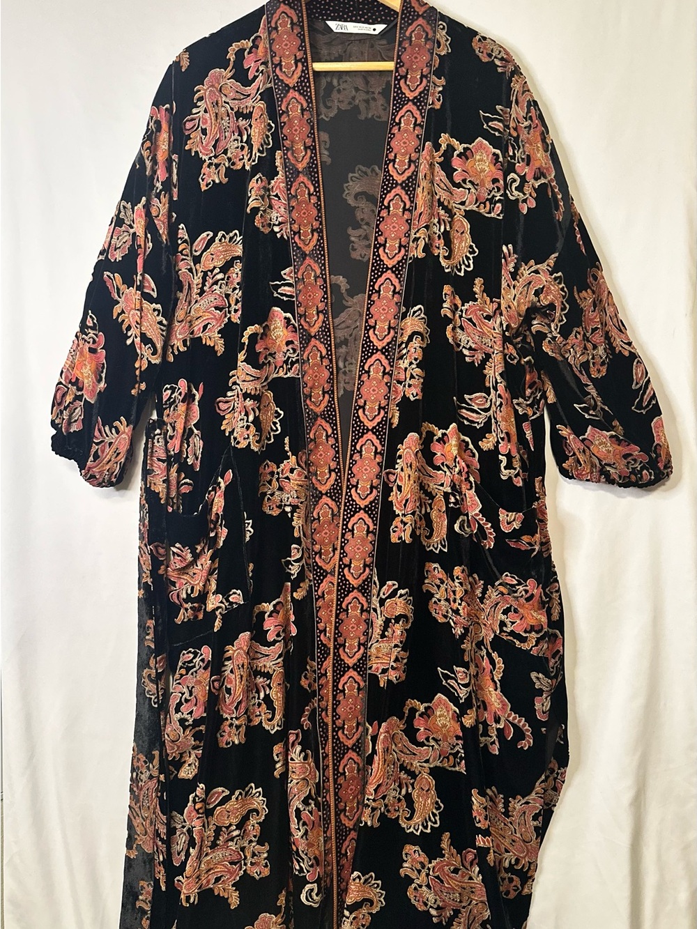Zara Black Velvet Kimono Robe with Pink-Tan Paisley Print
